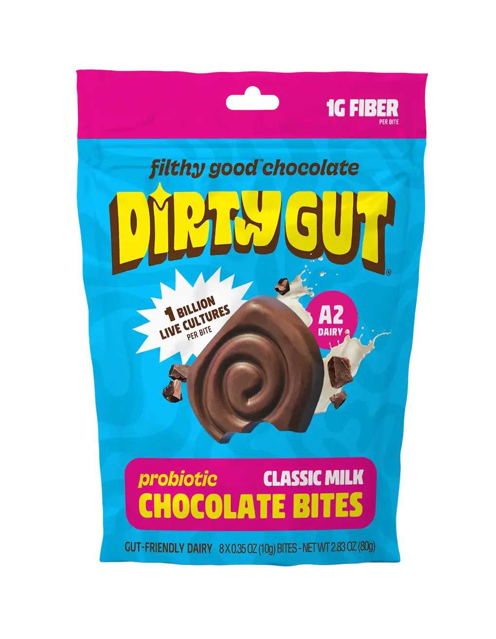 A blue and pink pouch of Dirty Gut Probiotic Classic Milk Chocolate Bites.