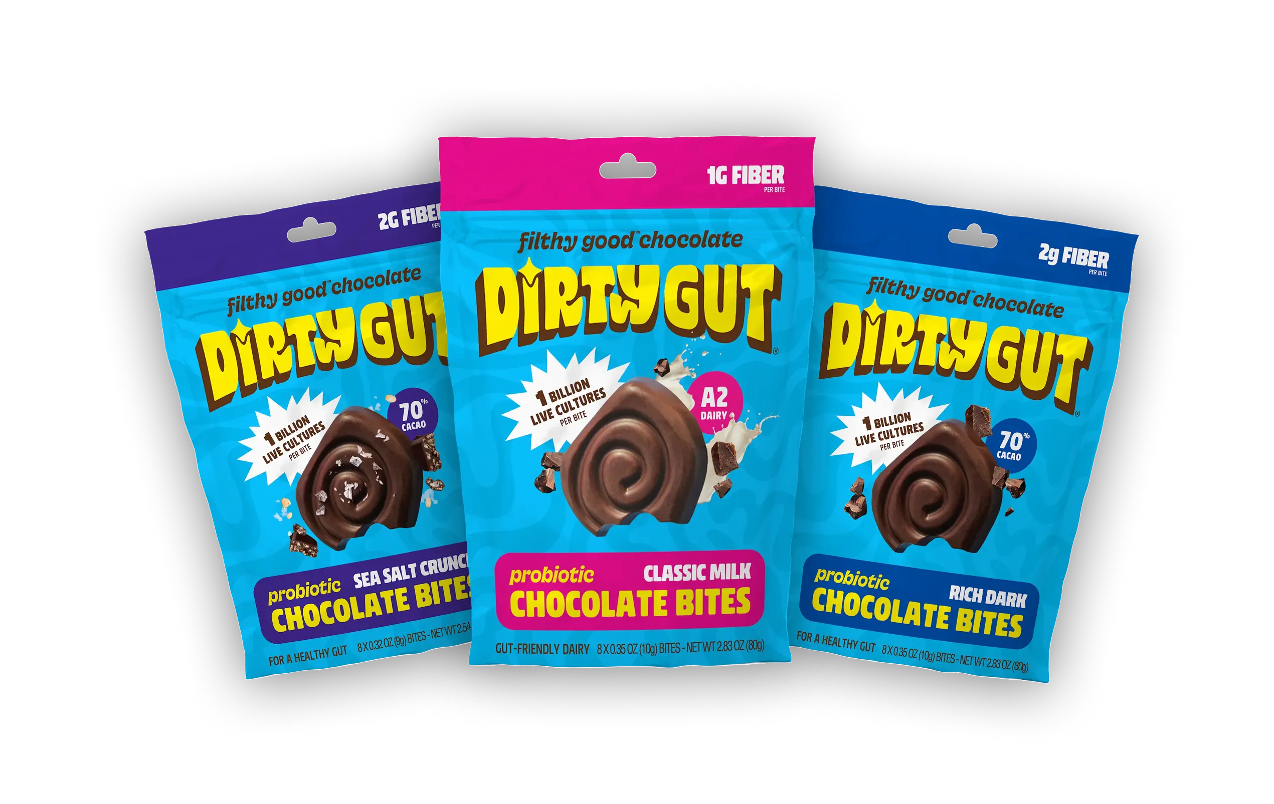 Three bags of Dirty Gut probiotic chocolate bites in Sea Salt Crunch, Classic Milk, and Rich Dark flavors.