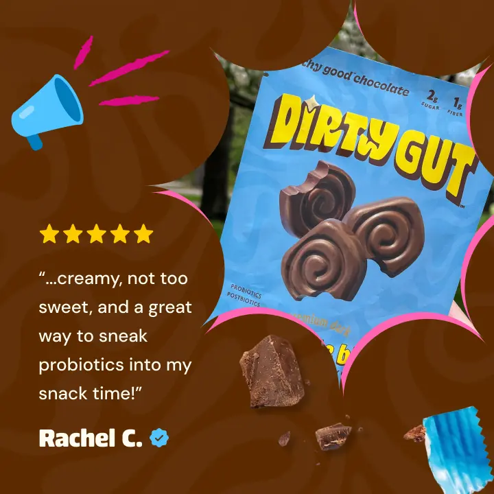An advertisement for Dirty Gut chocolate snacks showing the bag and a five-star customer review from Rachel C.
