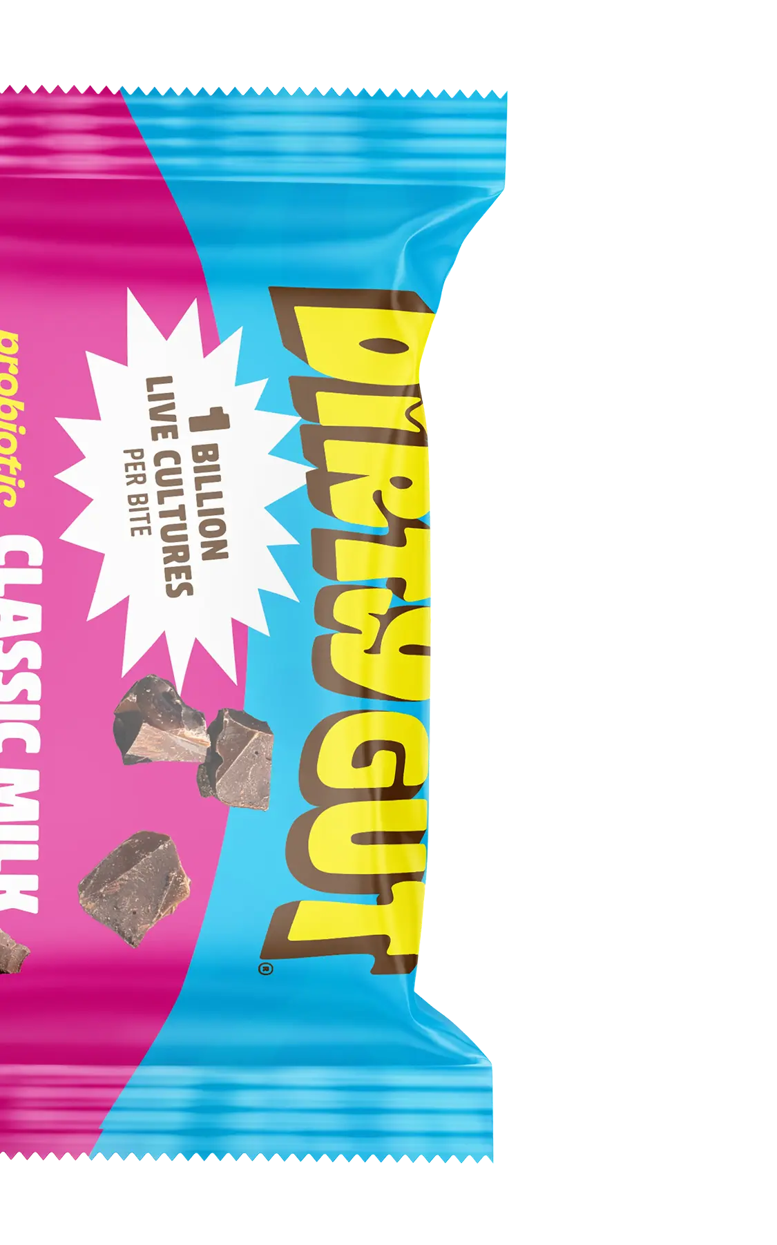 The pink and blue wrapper for a Dirty Gut probiotic classic milk chocolate bar.