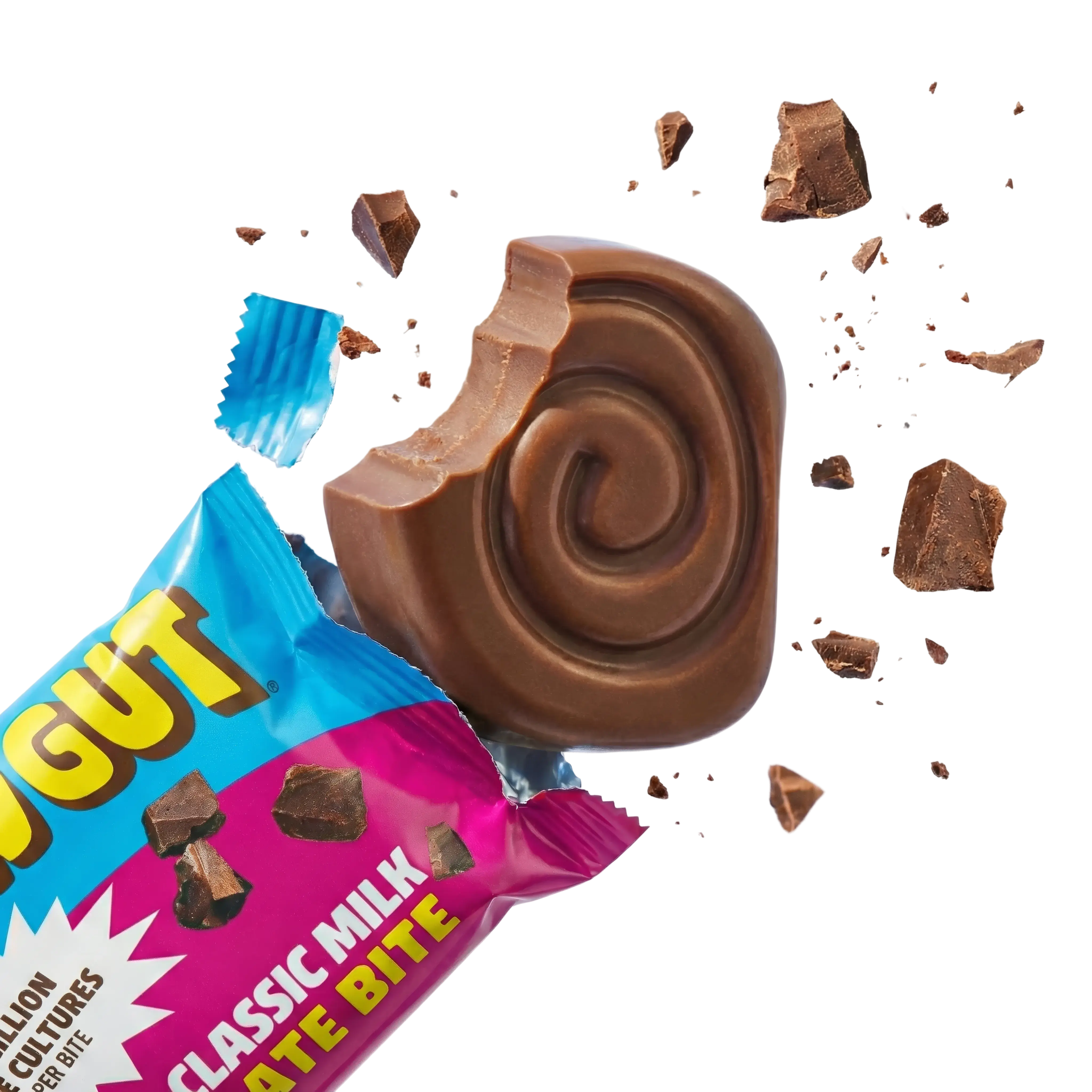 A swirl-shaped milk chocolate candy with a bite taken out, emerging from its wrapper with floating chocolate chunks.