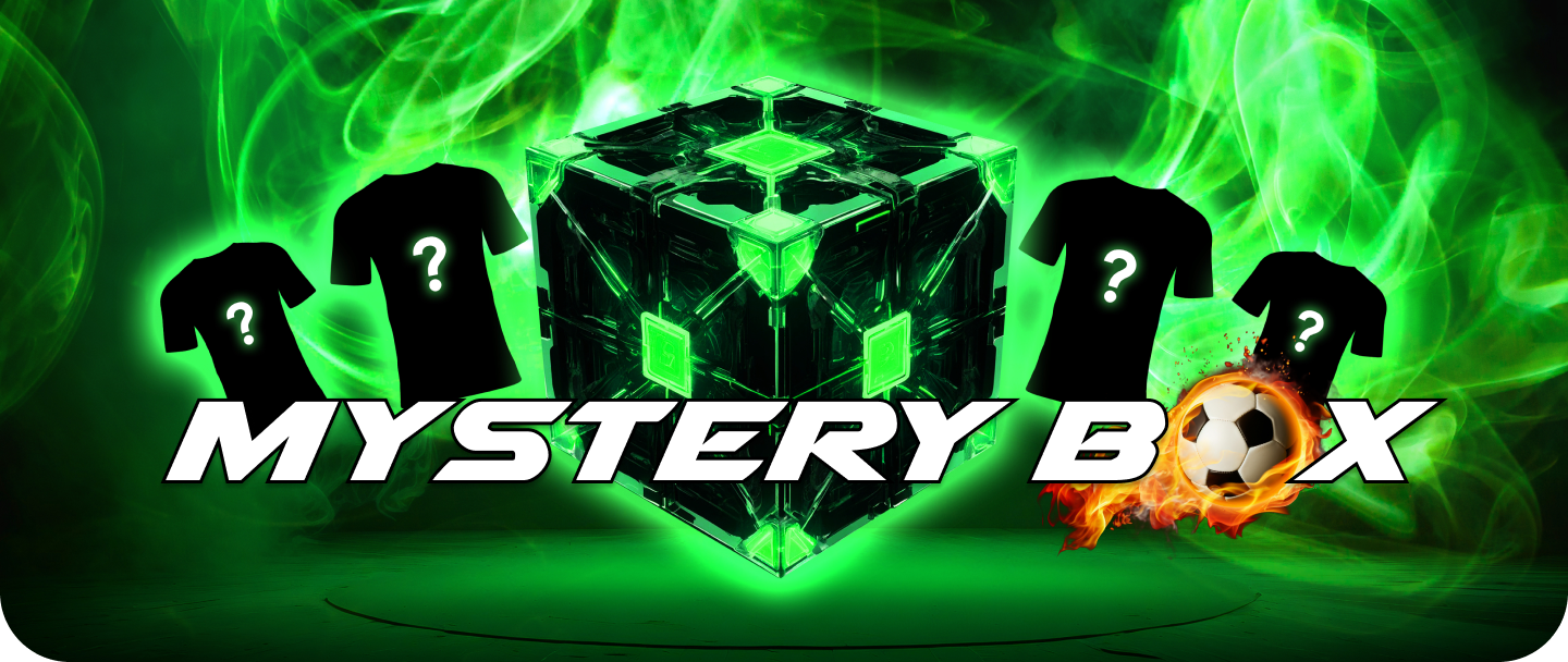 Mystery-themed box and shirts with question marks on a green background.