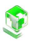 A glowing green cube with a pixelated design and drop shadow.