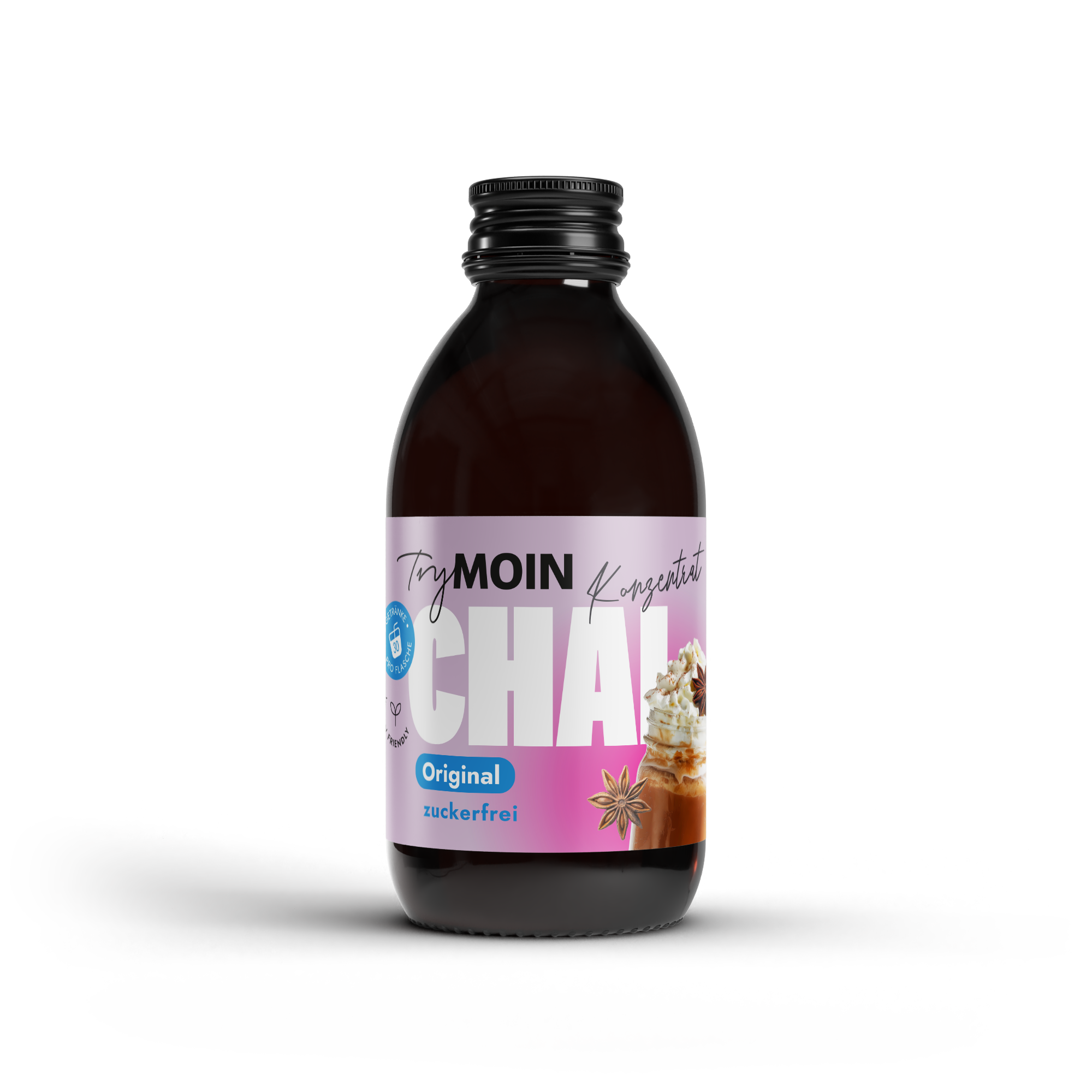 A dark glass bottle of TryMoin Original sugar-free Chai concentrate against a white background.