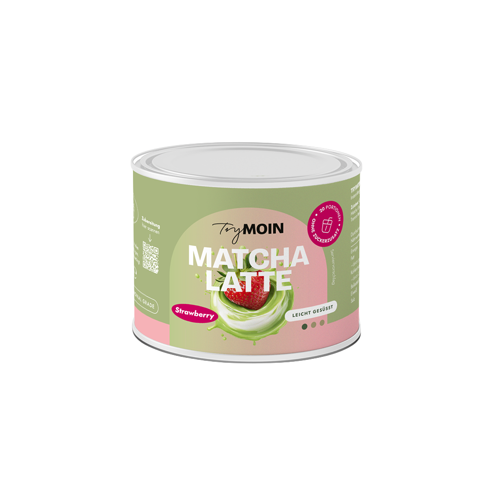 A can of TryMOIN Strawberry Matcha Latte powder on a plain white background.