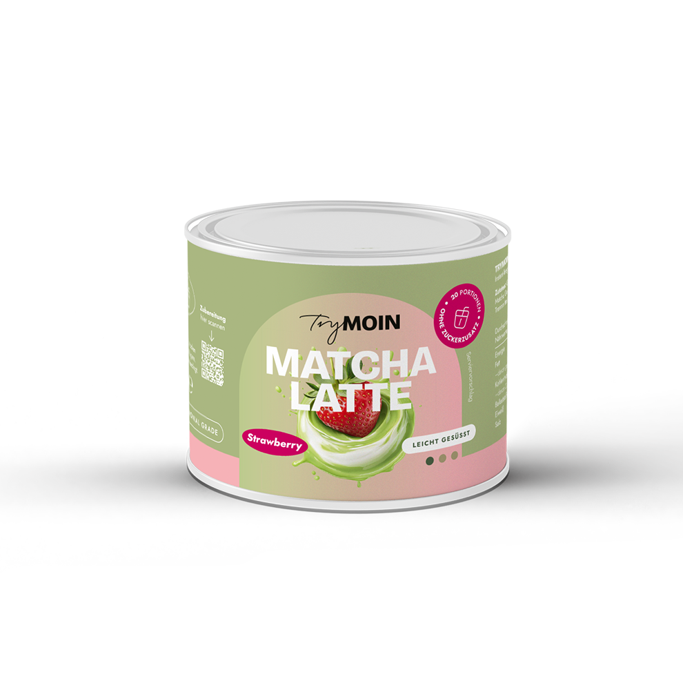 A white, pink, and green can of TryMOIN Strawberry Matcha Latte on a white background.