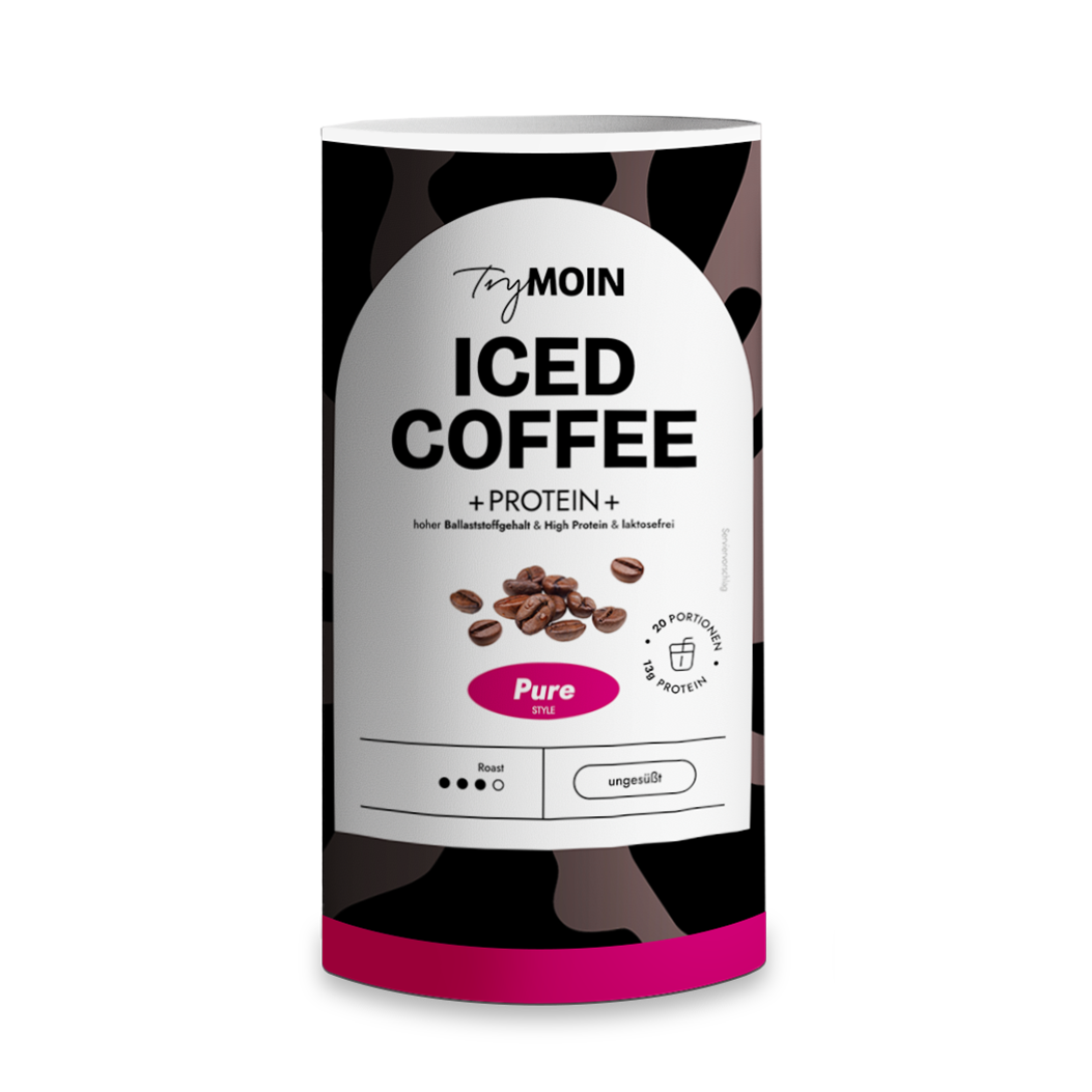 A white and black cylindrical container of TryMOIN Iced Coffee + Protein powder, Pure Style.