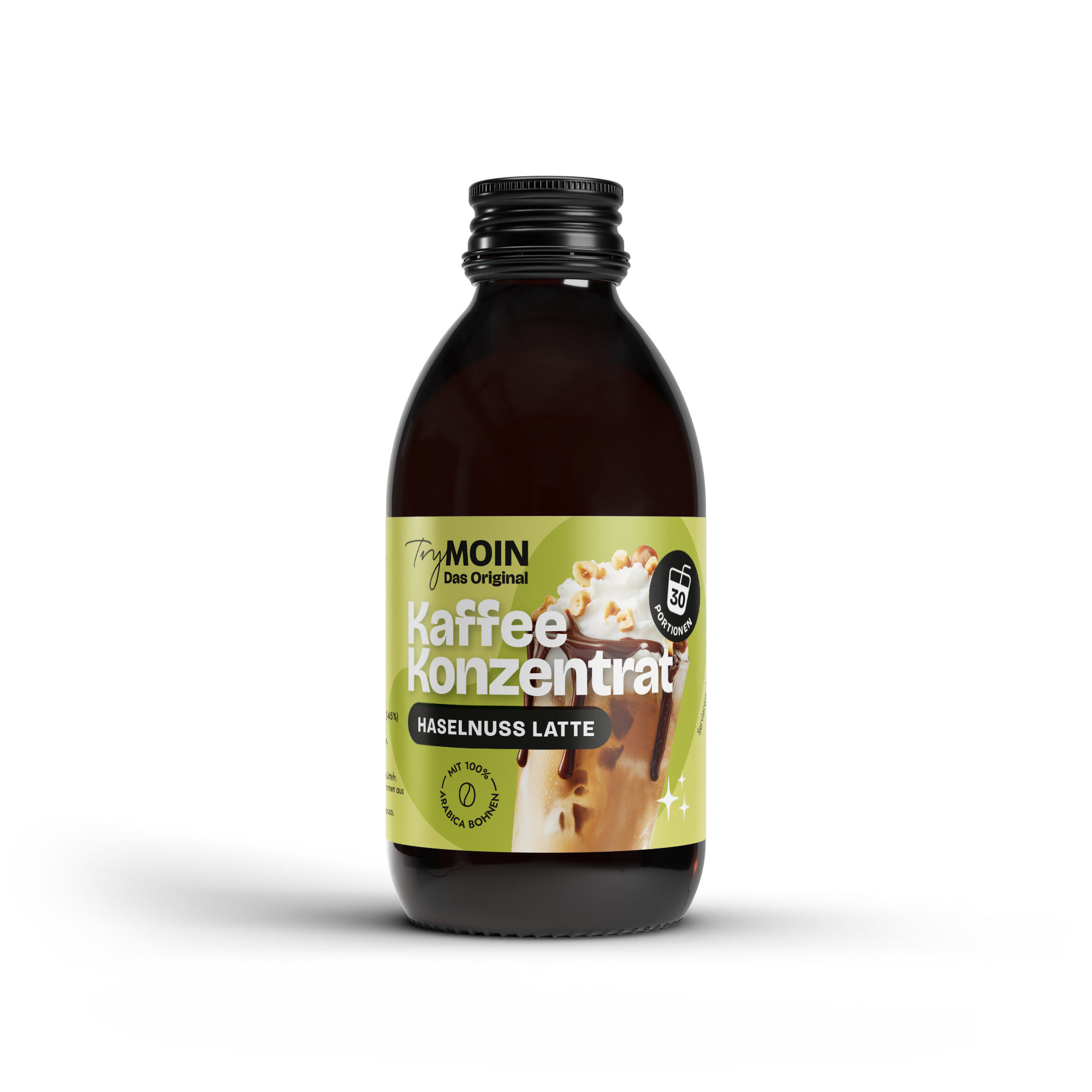 A bottle of TryMoin Hazelnut Latte coffee concentrate against a plain white background.