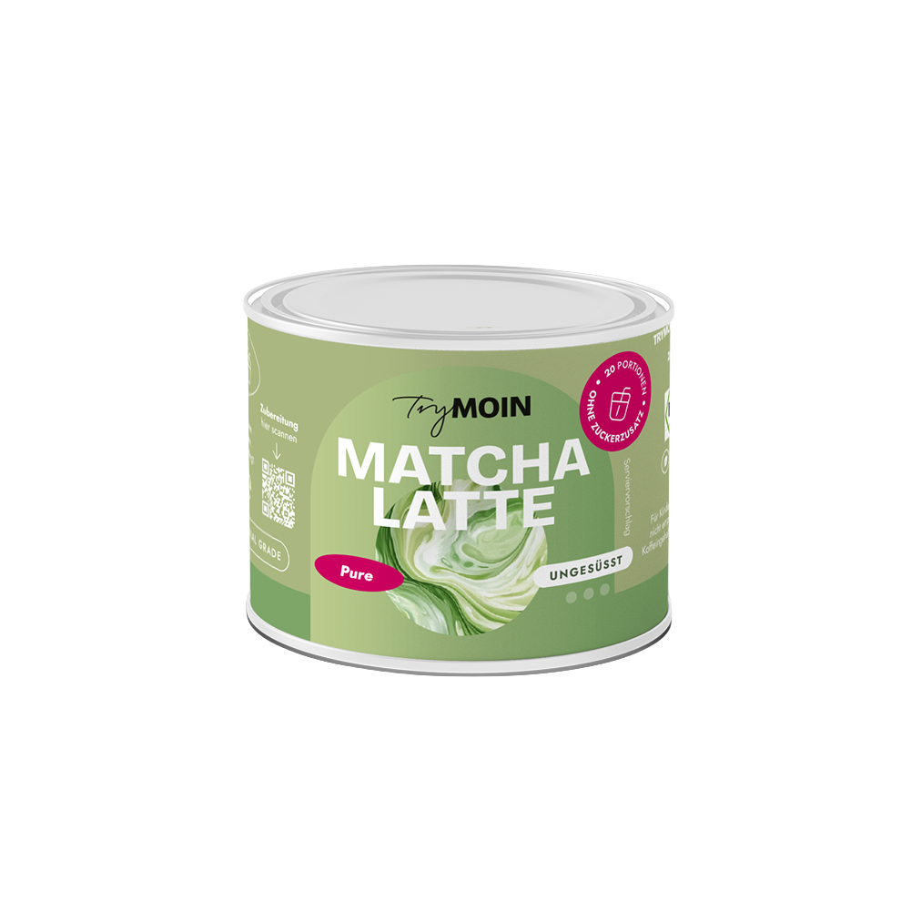 A can of TryMoin Pure Matcha Latte powder against a white background.