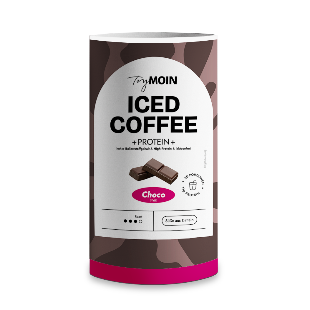 A canister of TryMoin Iced Coffee + Protein, Choco Style, against a plain white background.