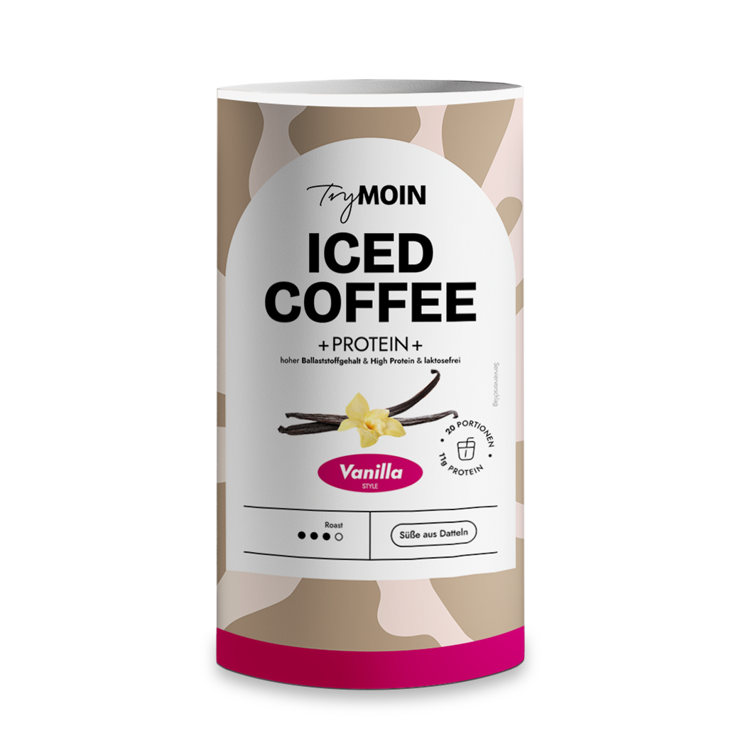 A can of TryMoin Vanilla Iced Coffee with protein on a white background.