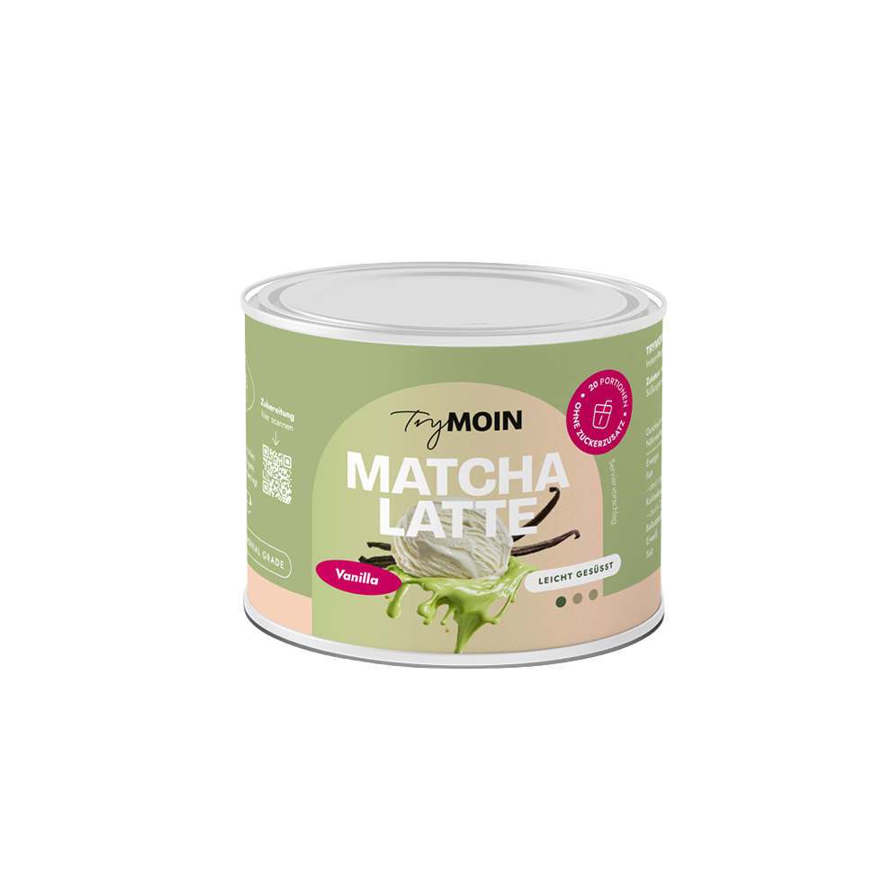 A can of TryMoin Vanilla Matcha Latte powder set against a white background.