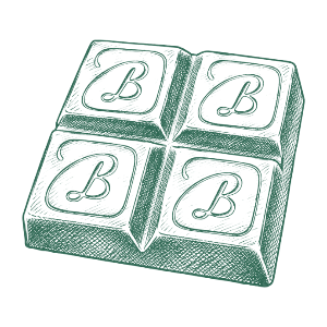 A green, sketched chocolate bar with four squares, each marked with a letter 'B'.