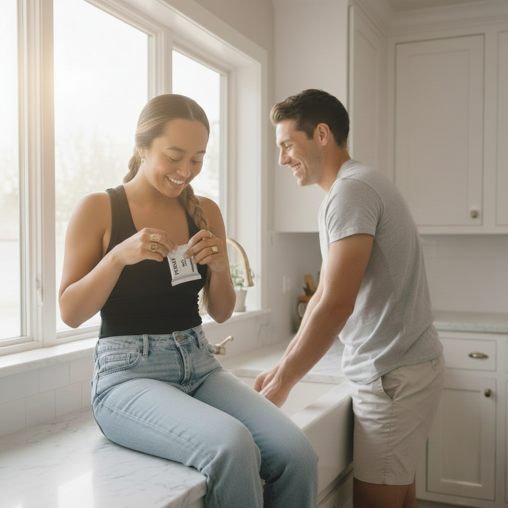 Two people in a kitchen, one sitting on a counter, smiling.