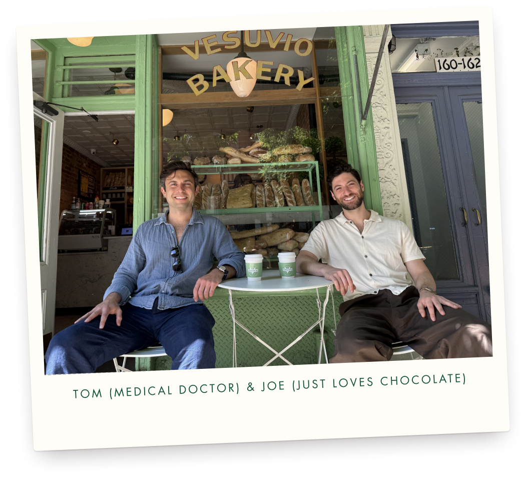 Two men, Tom and Joe outside a green fronted bakery