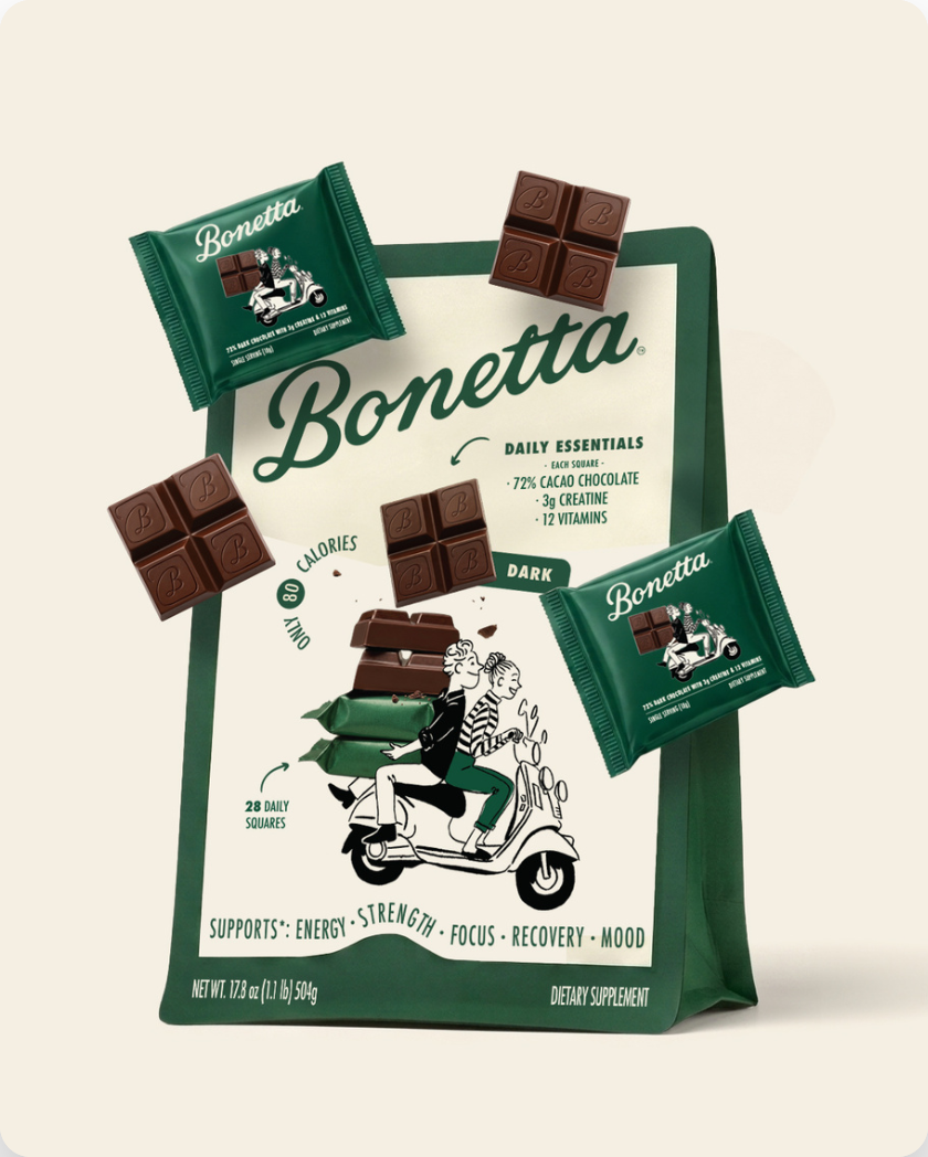 A Bonetta pouch with loose chocolate squares and wrapped singles