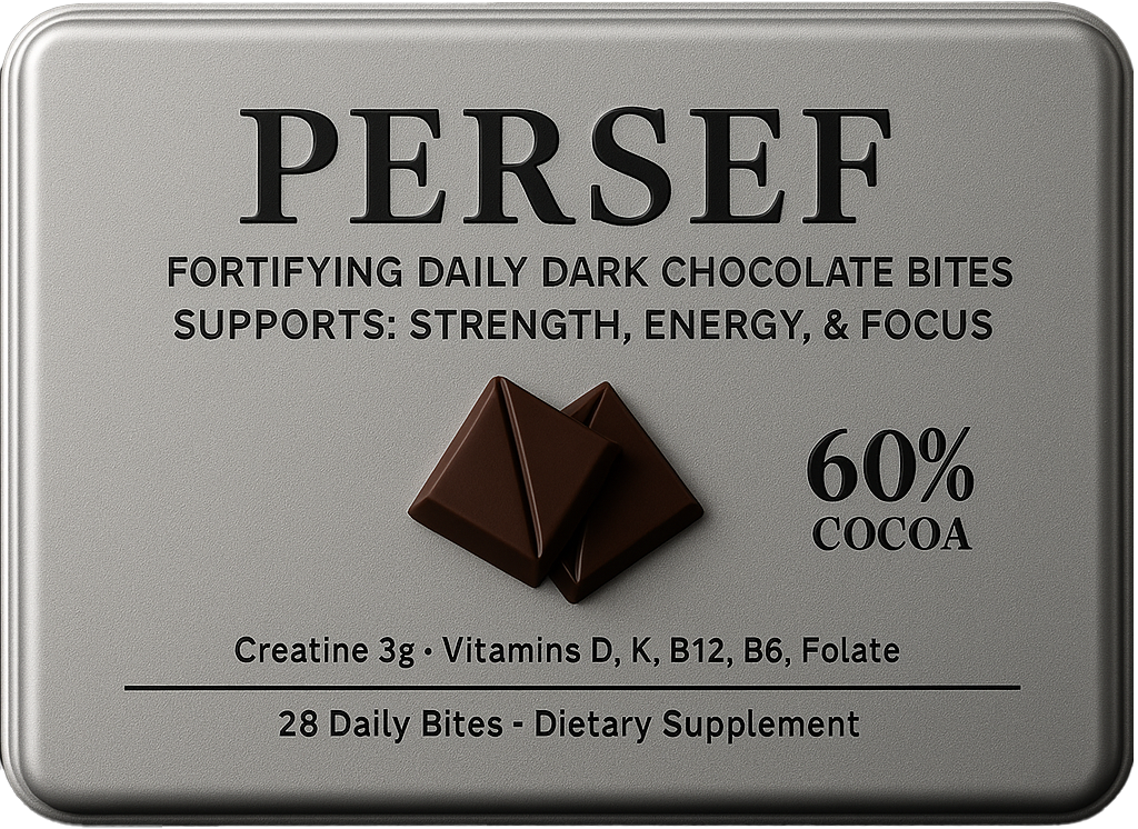 Tin container labeled Persef for chocolate bites, 60% cocoa.