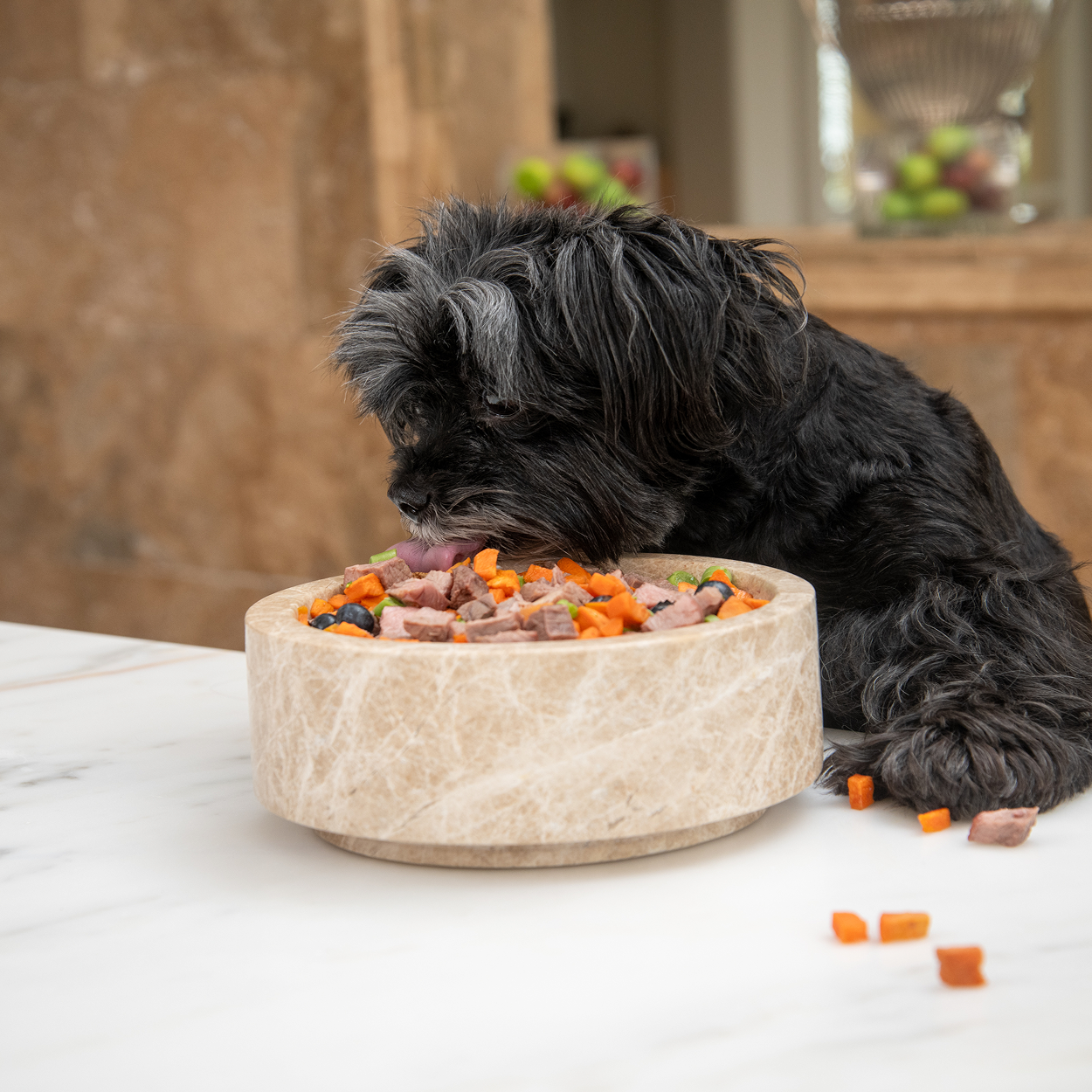 Black dog eating from a bowl with meat and vegetables on a marble surface.
