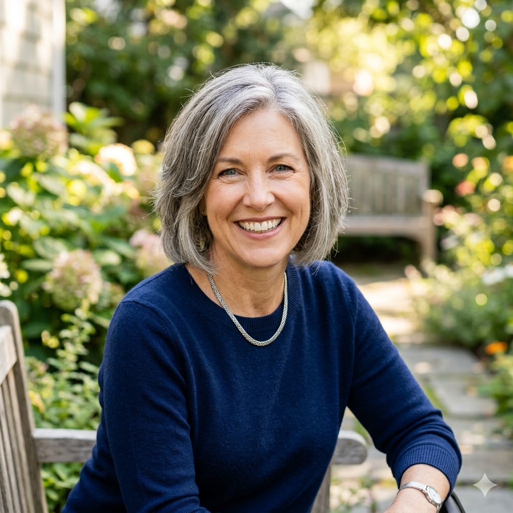 A smiling woman with grey hair and a blue sweater sits on a bench in a garden.
