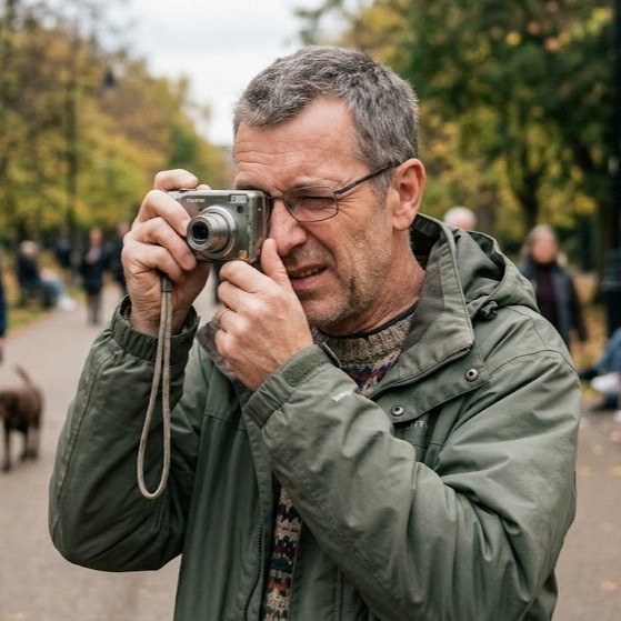 A man with glasses in a green jacket holds a silver digital camera up to his eye.