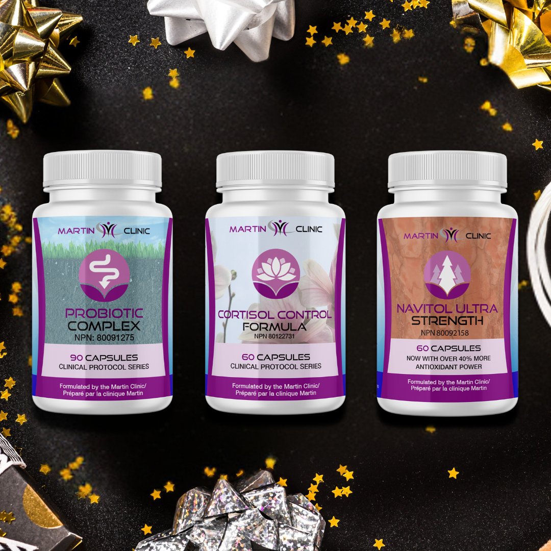 Three supplement bottles on black background with stars and bows.