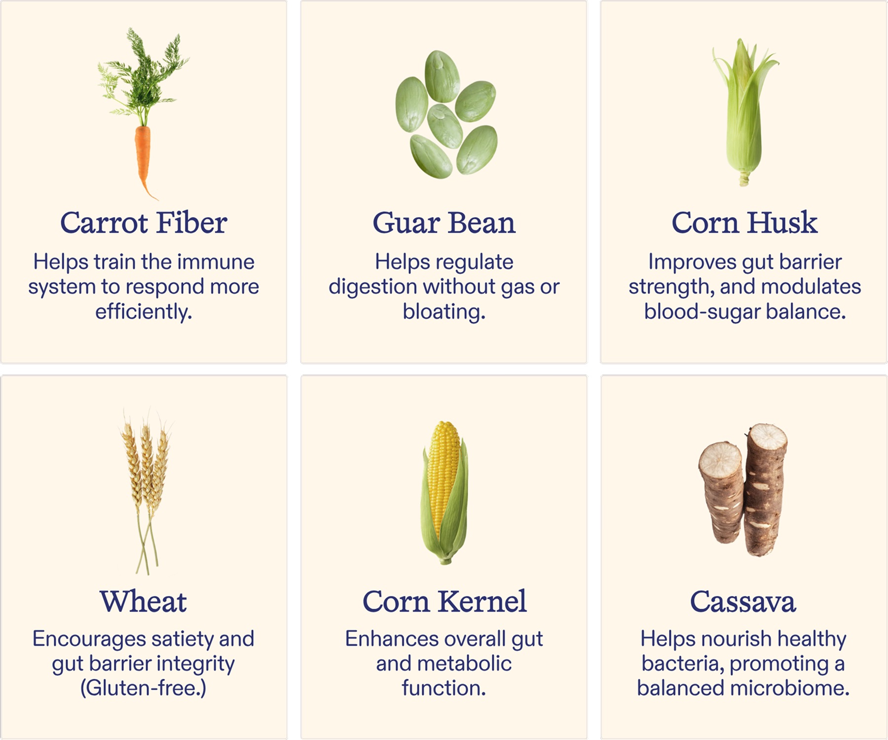 An infographic showing six ingredients: carrot, guar bean, corn husk, wheat, corn kernel, and cassava, with text descriptions.