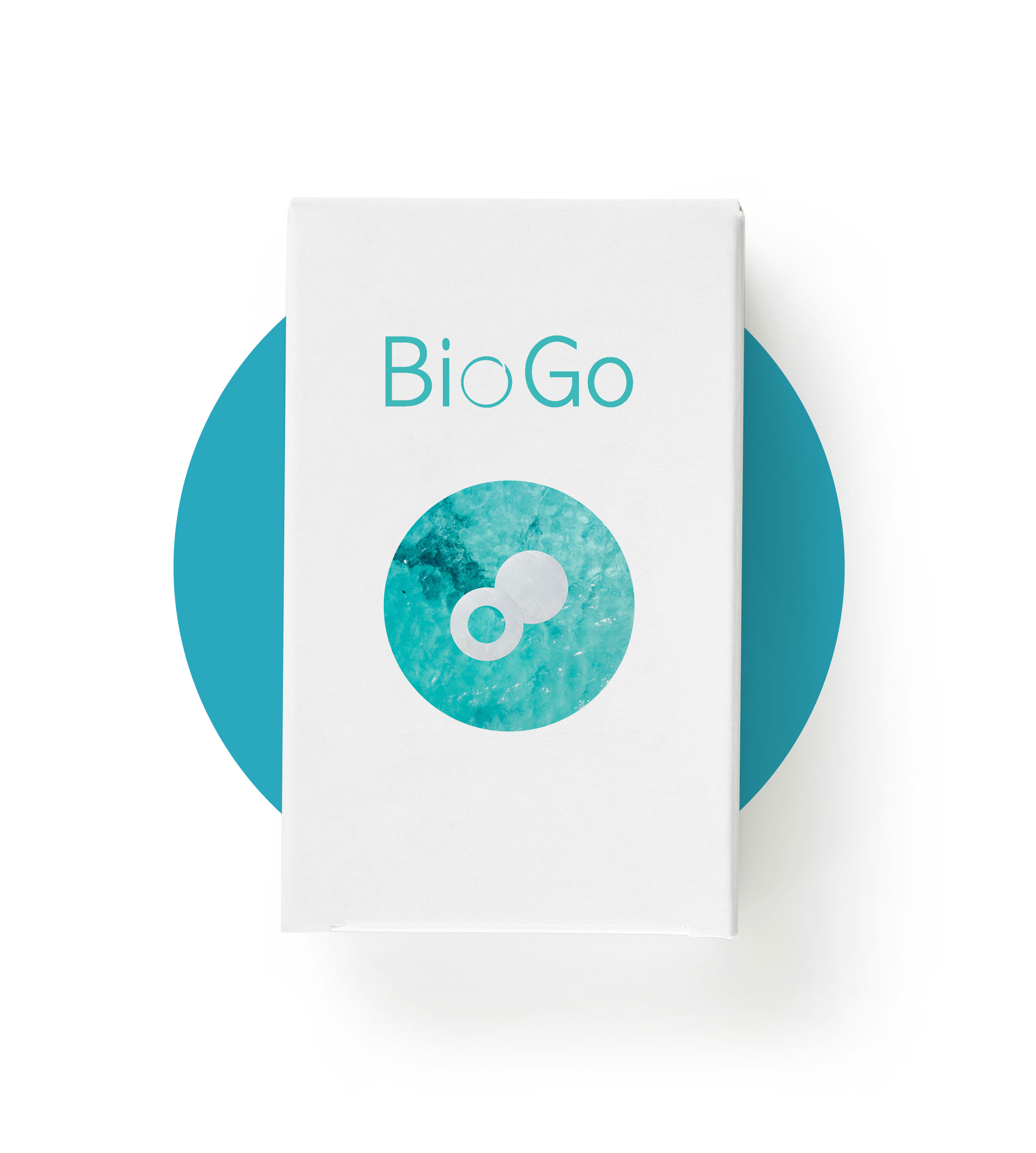 White box with 'BioGo' text and abstract blue circle design.