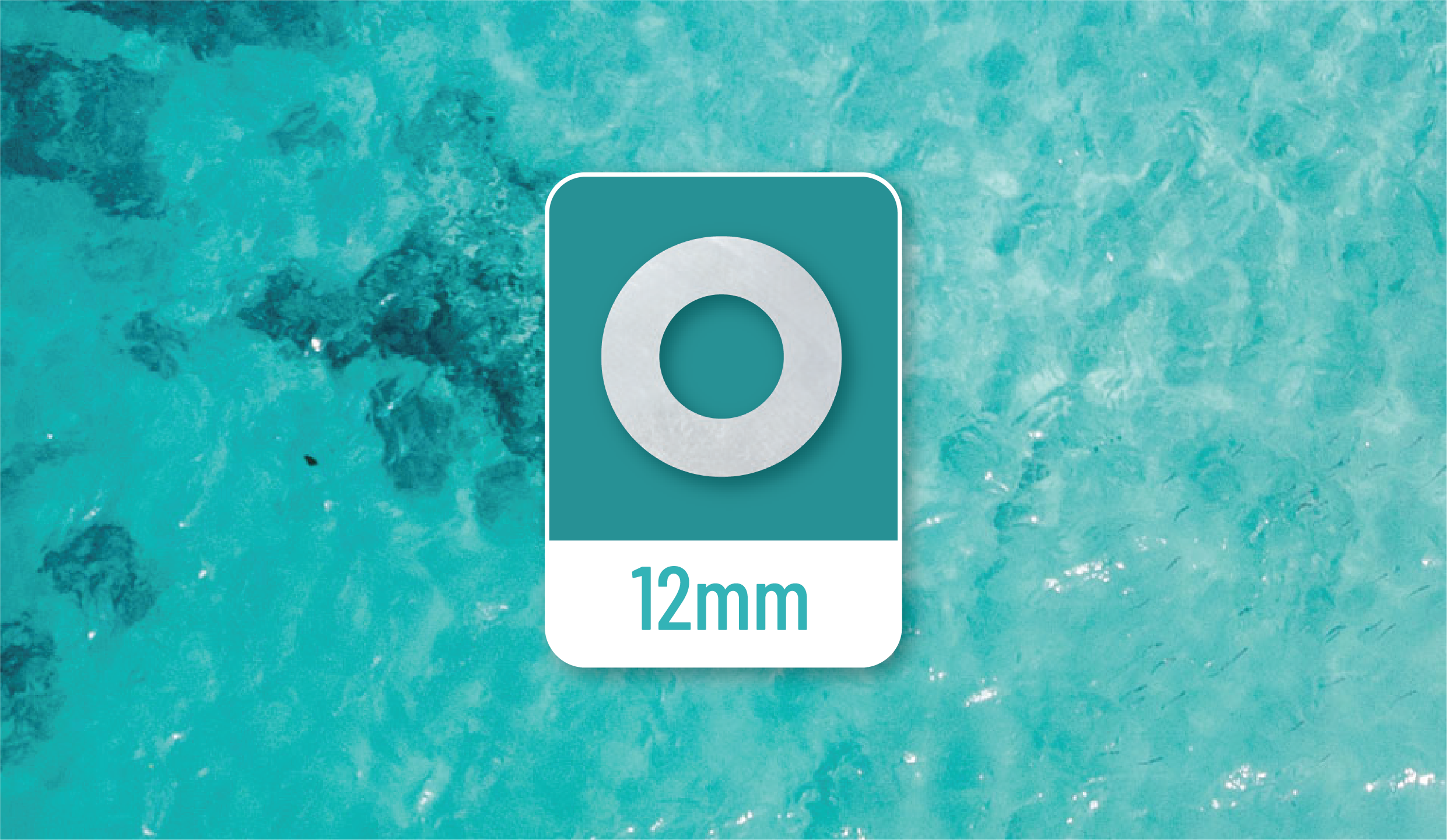 Circular object labeled '12mm' on a turquoise water background.
