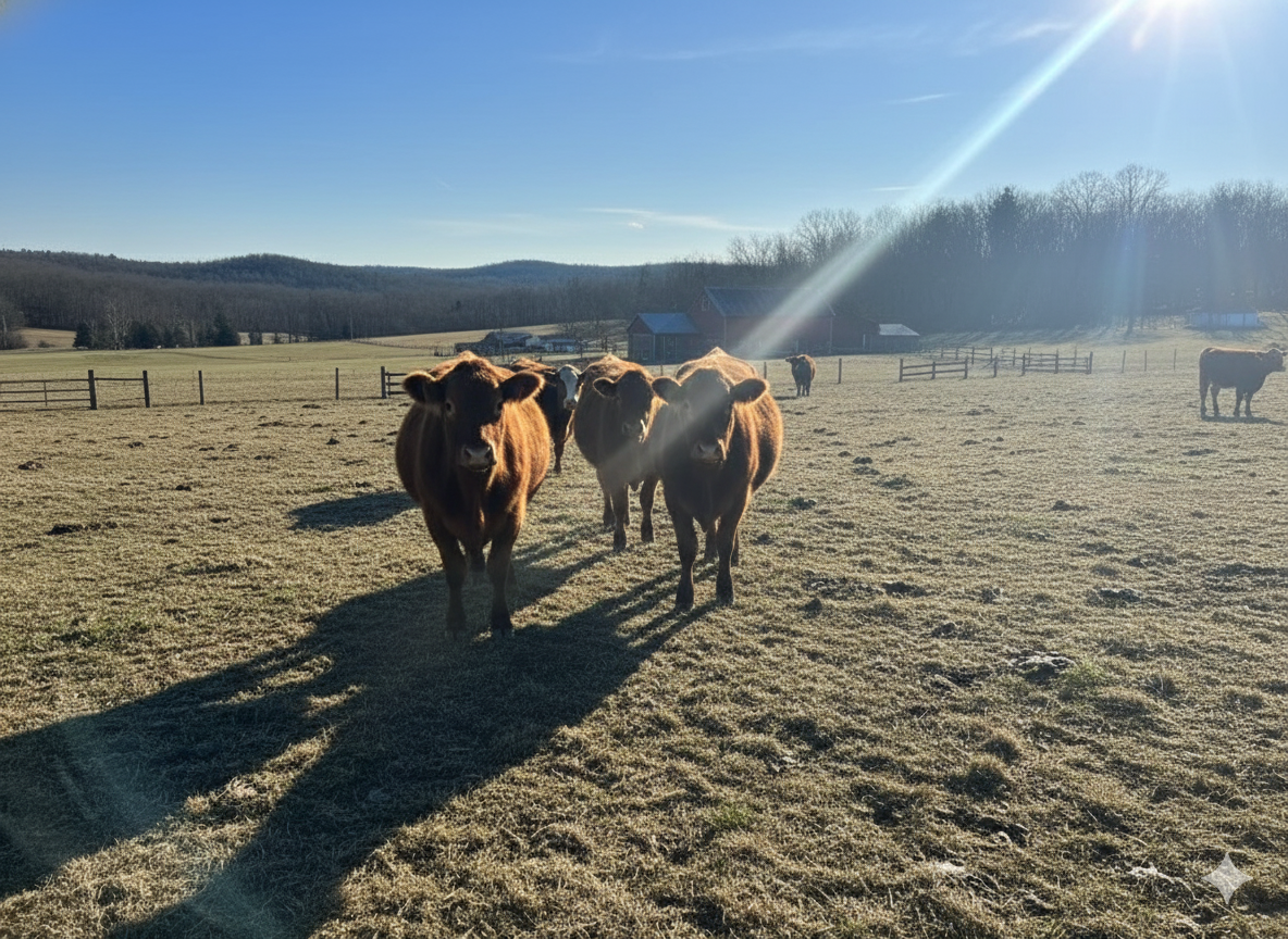 Three cows standing in a sunny field with distant trees and buildings.