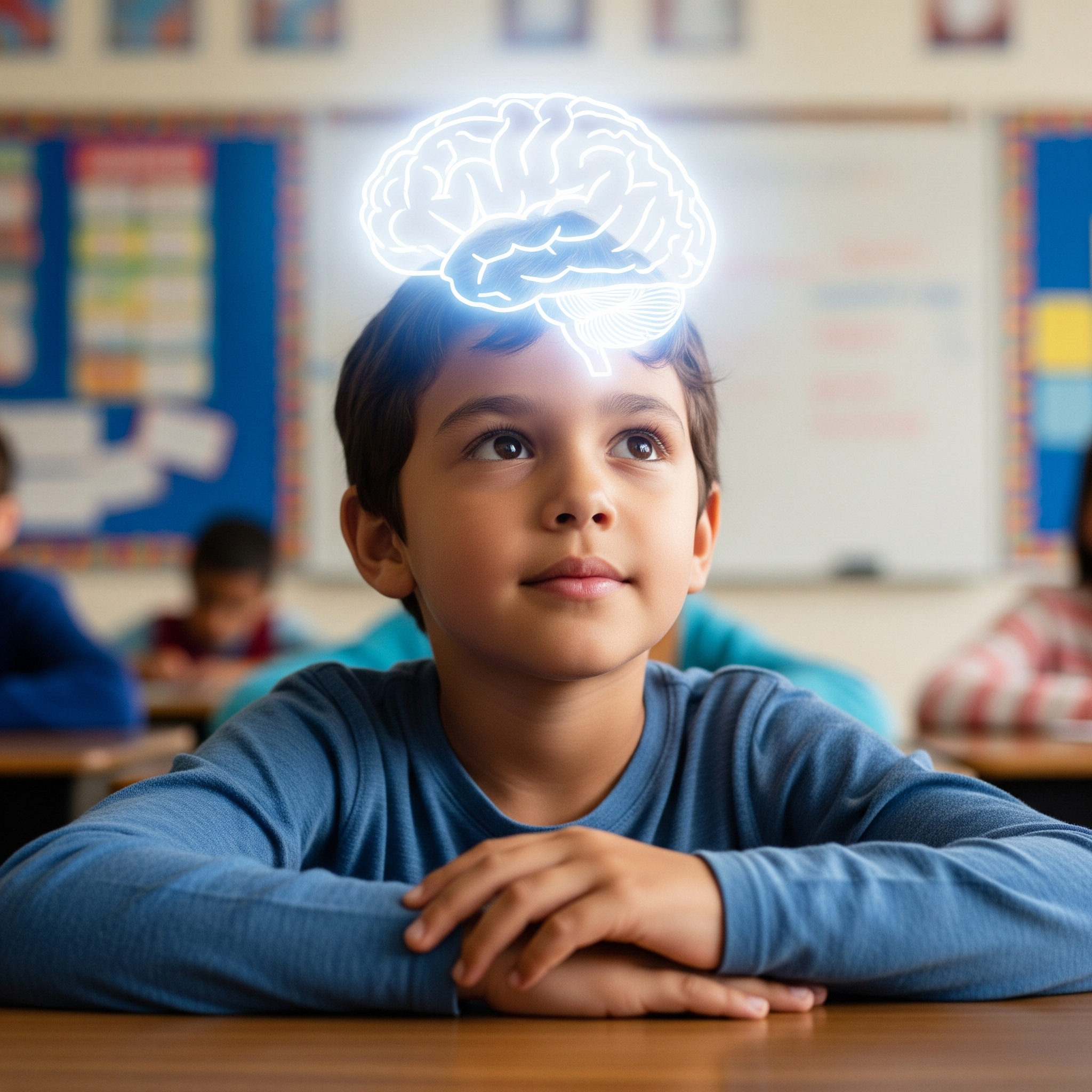 Child in classroom with glowing brain illustration above head.