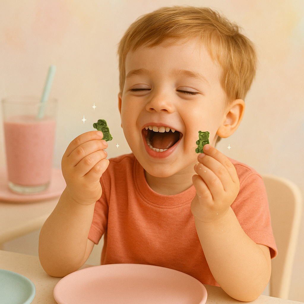 Child laughing, holding gummy bears, with a pink smoothie in the background.