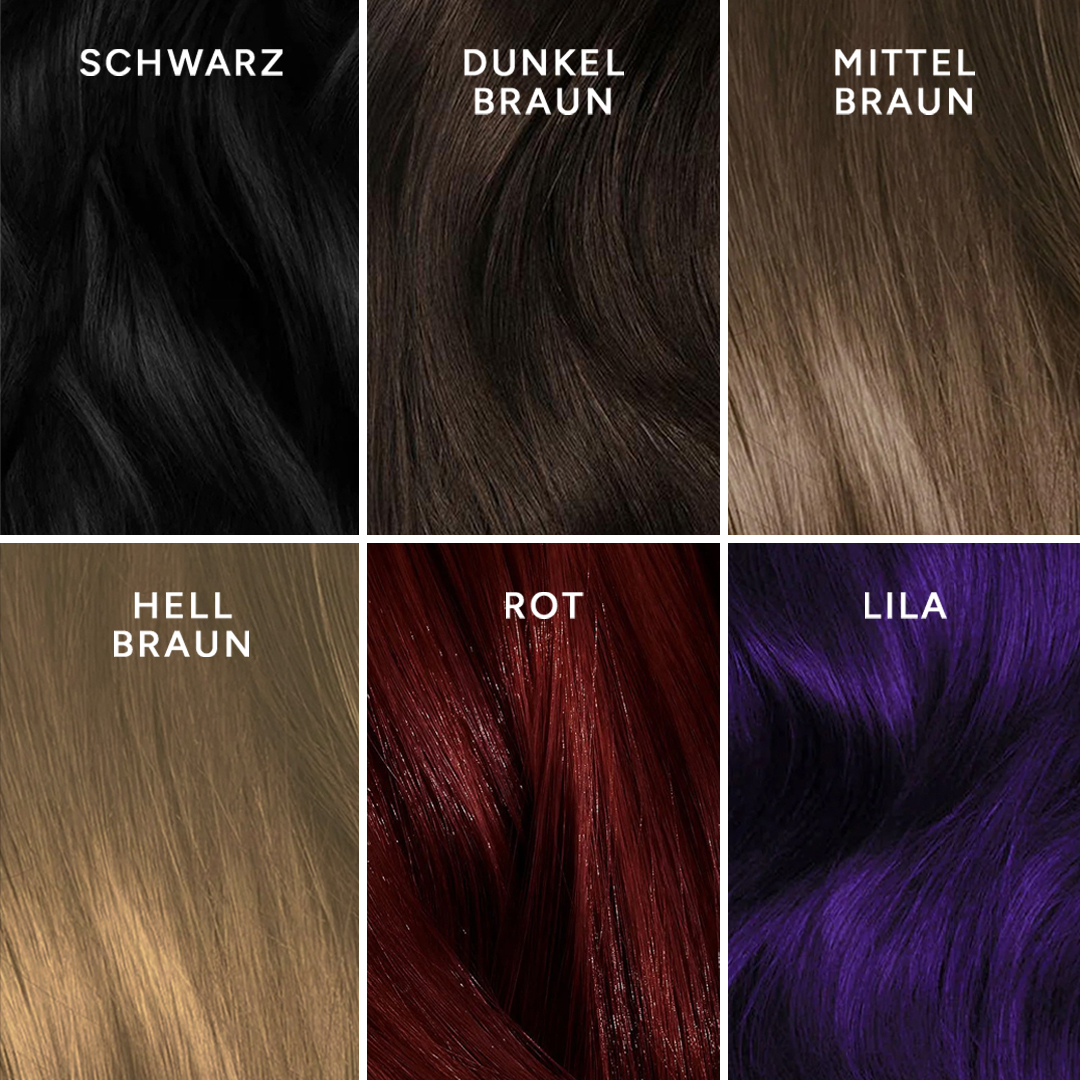 Six hair color swatches labeled in German: black, dark brown, medium brown, light brown, red, purple.