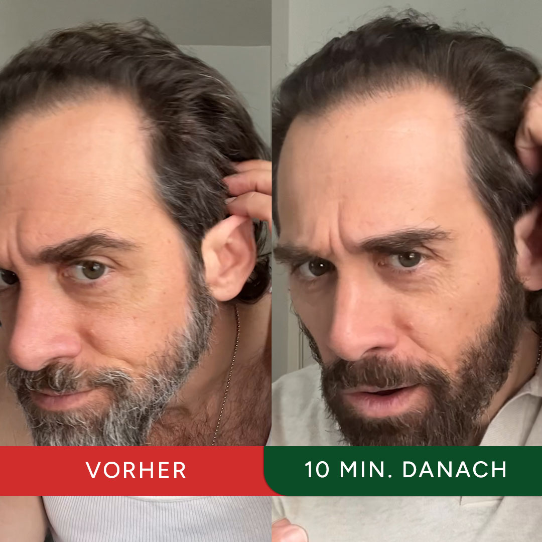Side-by-side comparison of a man's hair before and after 10 minutes.