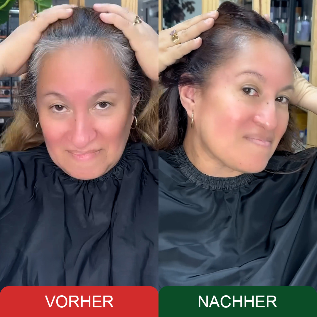 Side-by-side comparison of a woman before and after a hair treatment.