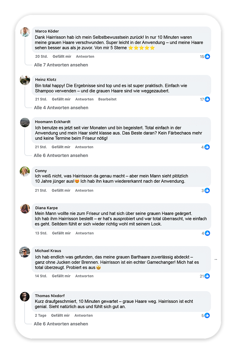 Screenshot of Facebook comments praising a hair product for covering gray hair.