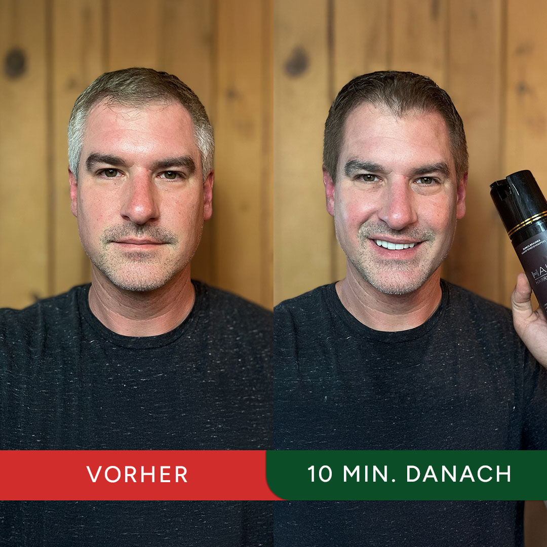 Side-by-side comparison of a man before and after using a hair product.