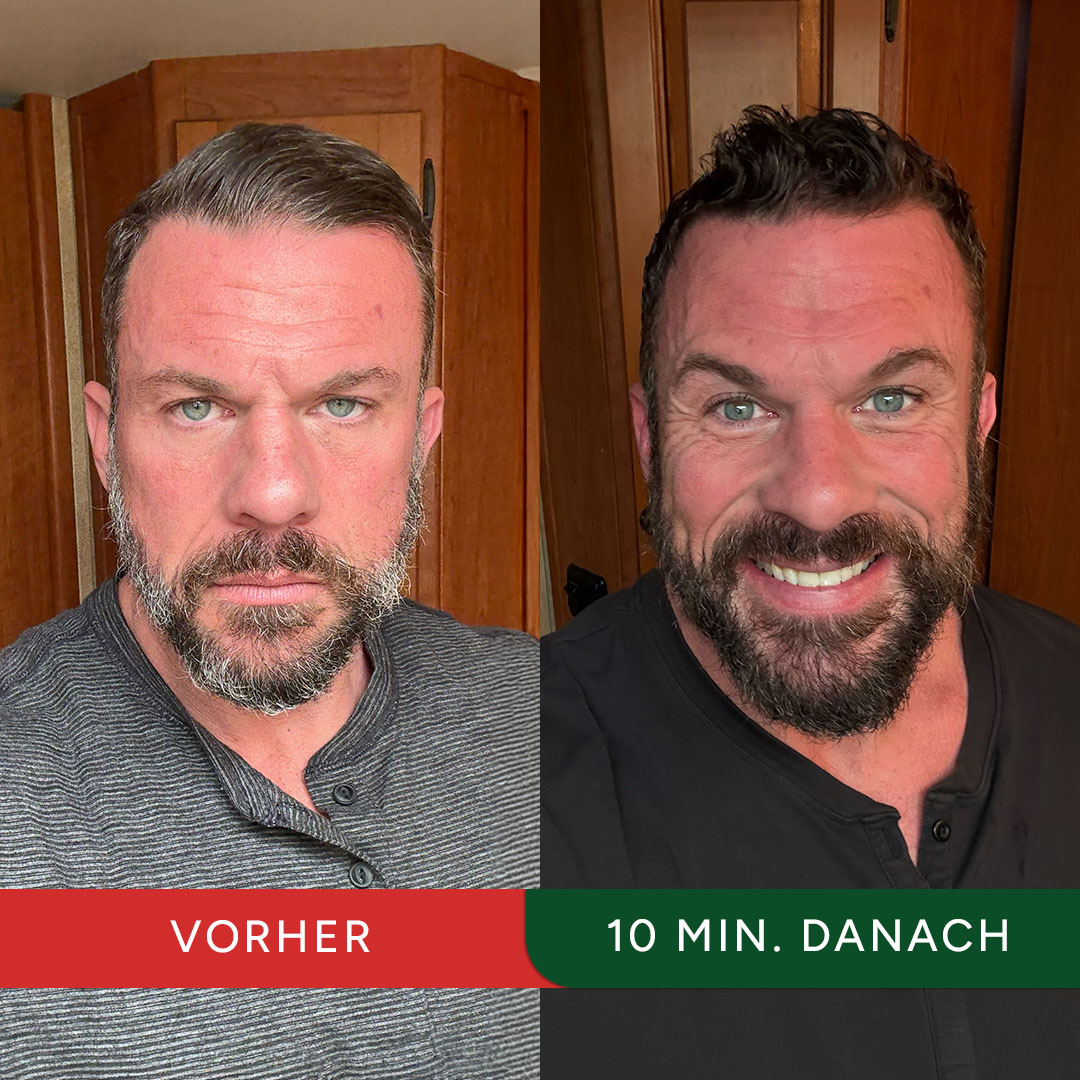 Side-by-side comparison of a man before and after grooming.