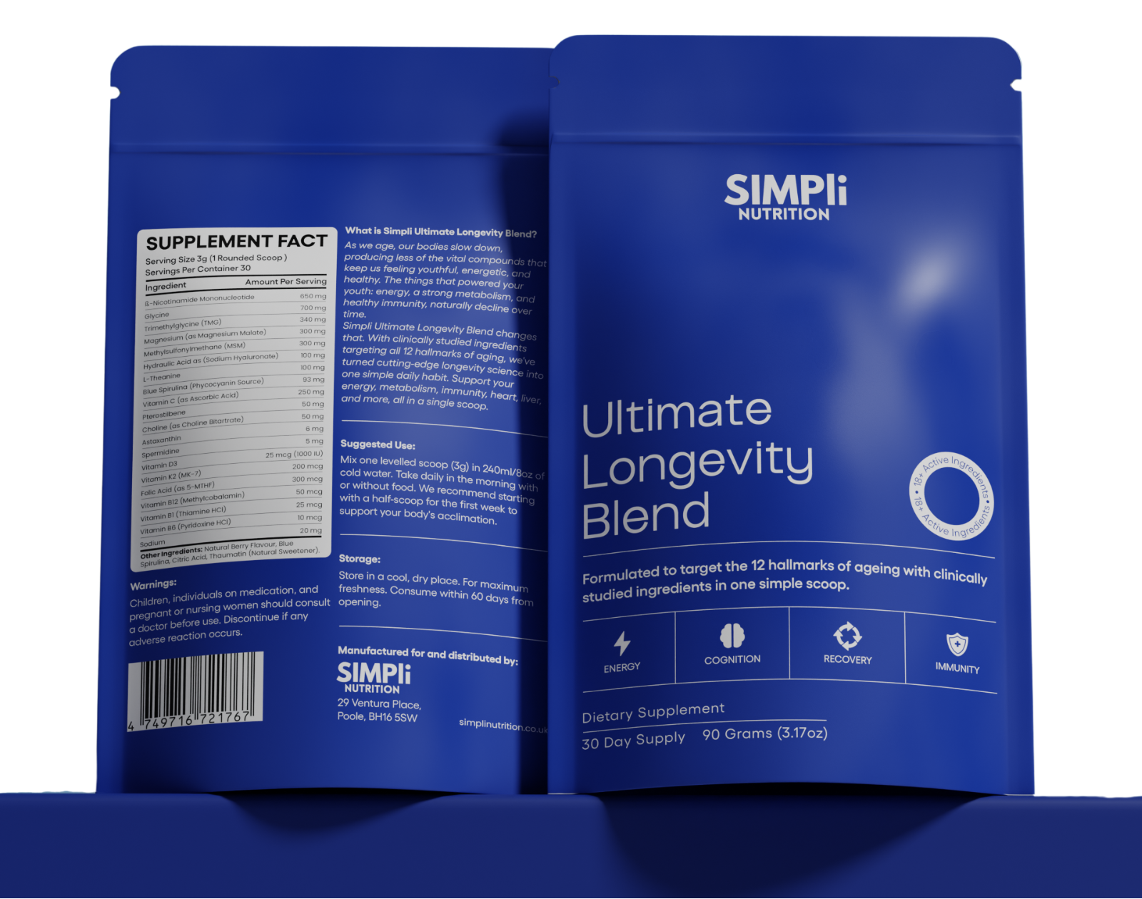Two blue supplement bags with text and icons for energy, cognition, recovery, and immunity.