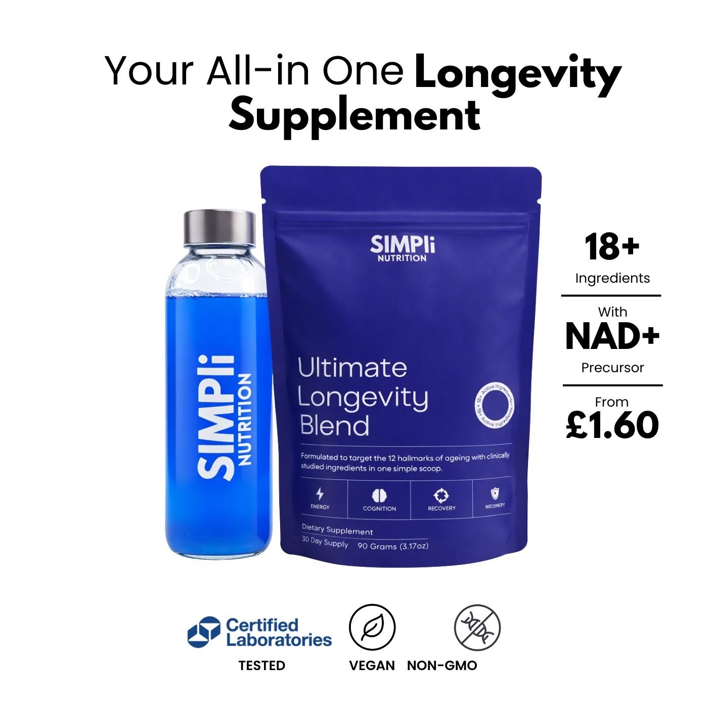 A pouch of Simpli Nutrition's Ultimate Longevity Blend next to a bottle of the blue mixed drink.