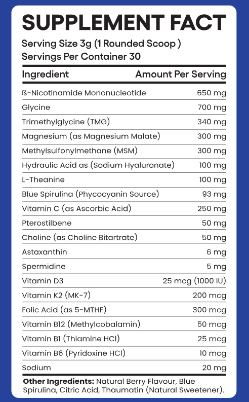 Supplement facts table with ingredient names and amounts per serving.