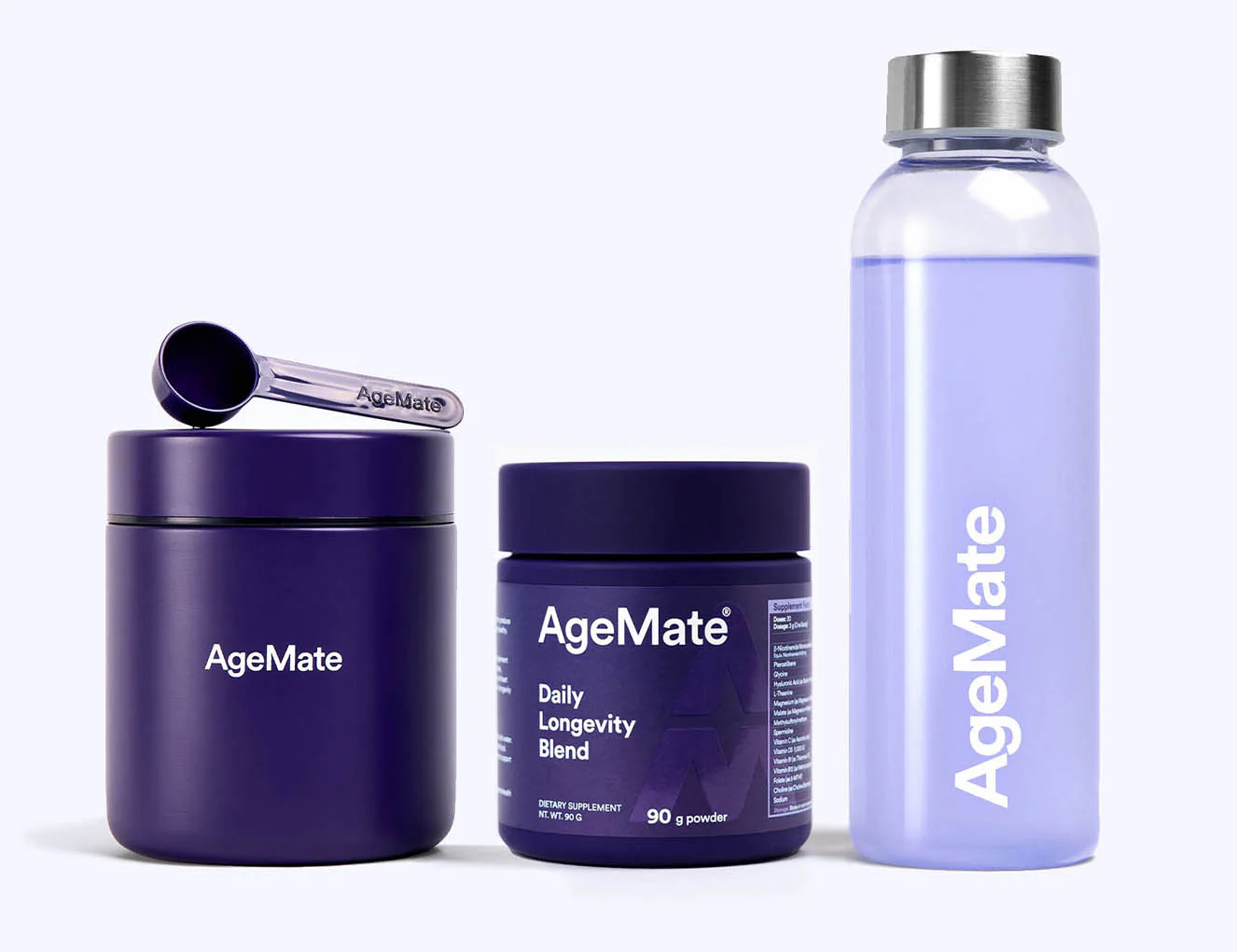 Blue water bottle and supplement pouch with 'Ultimate Longevity Blend' label.