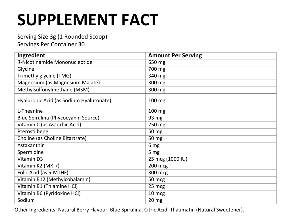 A supplement facts label listing ingredients and the amount per serving for a nutritional product.
