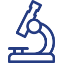Blue illustration of a microscope on a white background.