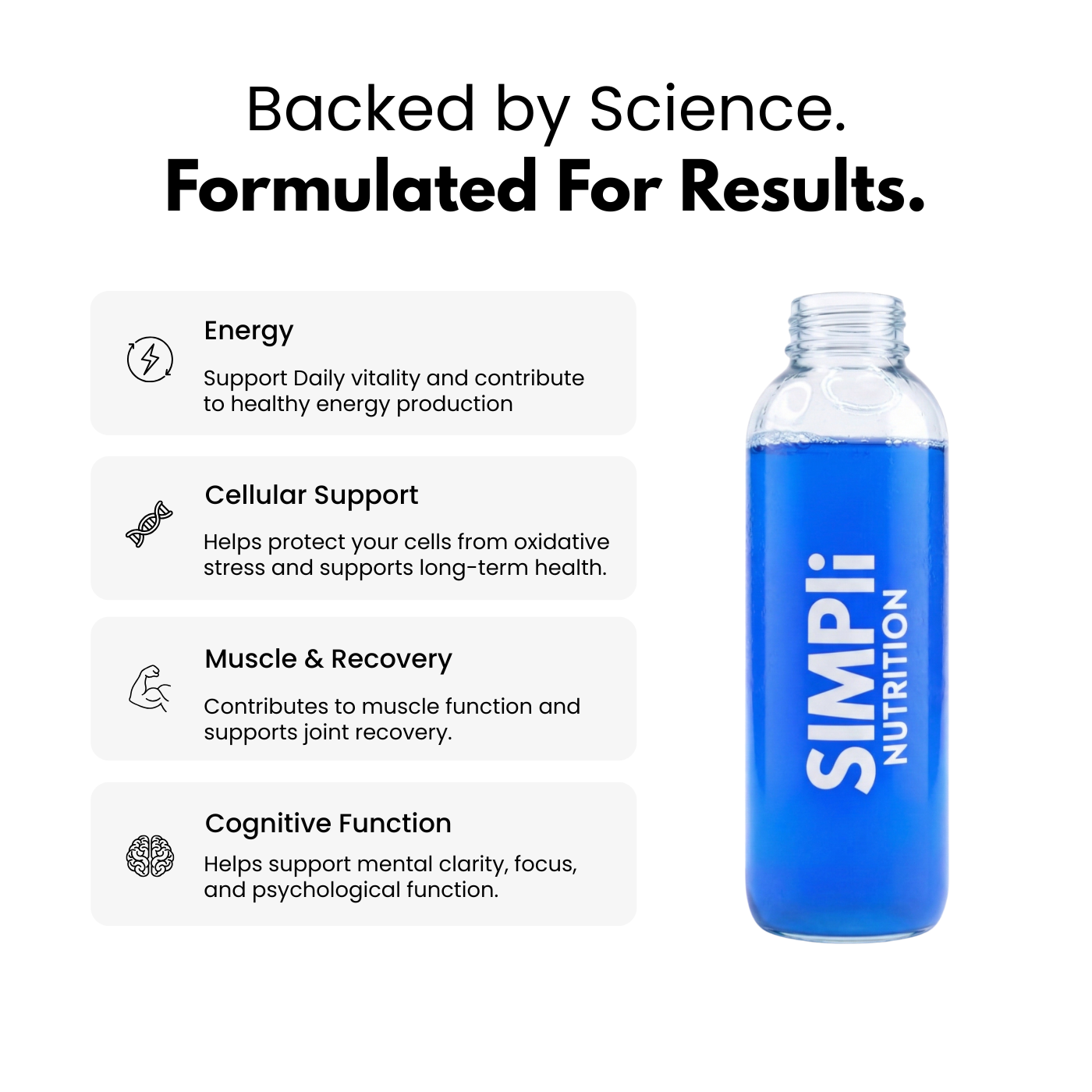 A bottle of blue Simplii Nutrition liquid next to a list of its benefits, including energy and recovery.