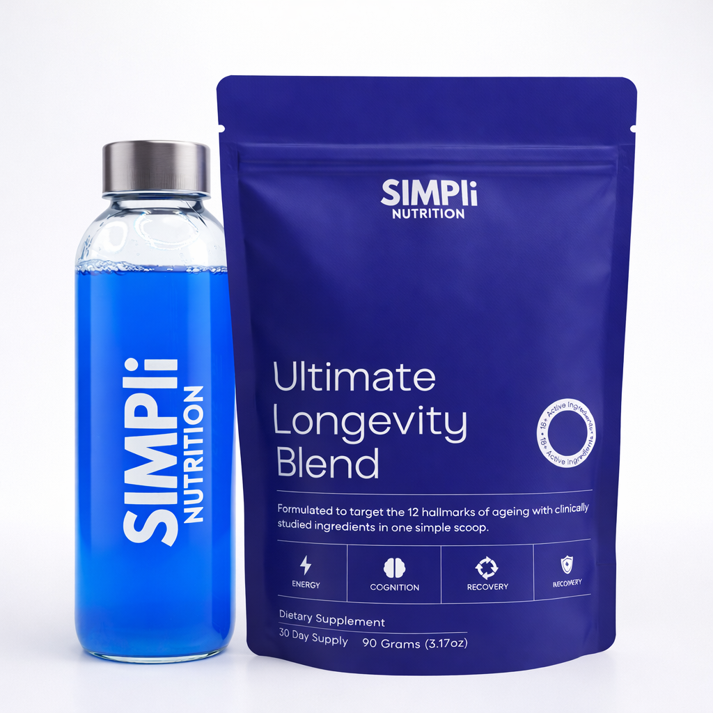 Blue water bottle and supplement pouch with 'Ultimate Longevity Blend' label.