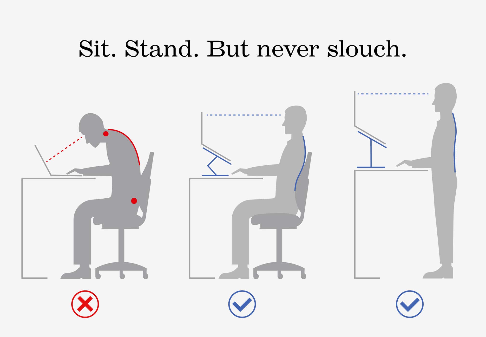 Illustration showing proper sitting and standing posture at a desk.