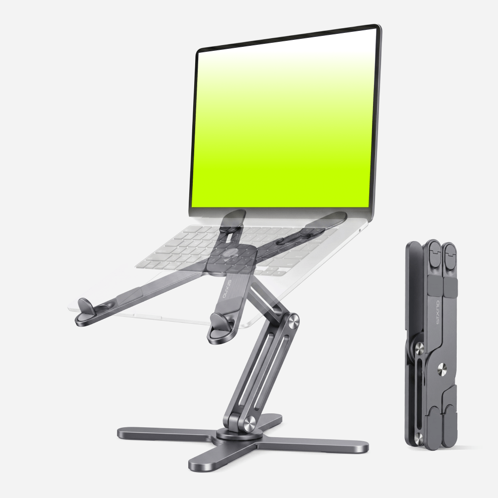 A gray, adjustable laptop stand shown open with a laptop and also folded for portability.
