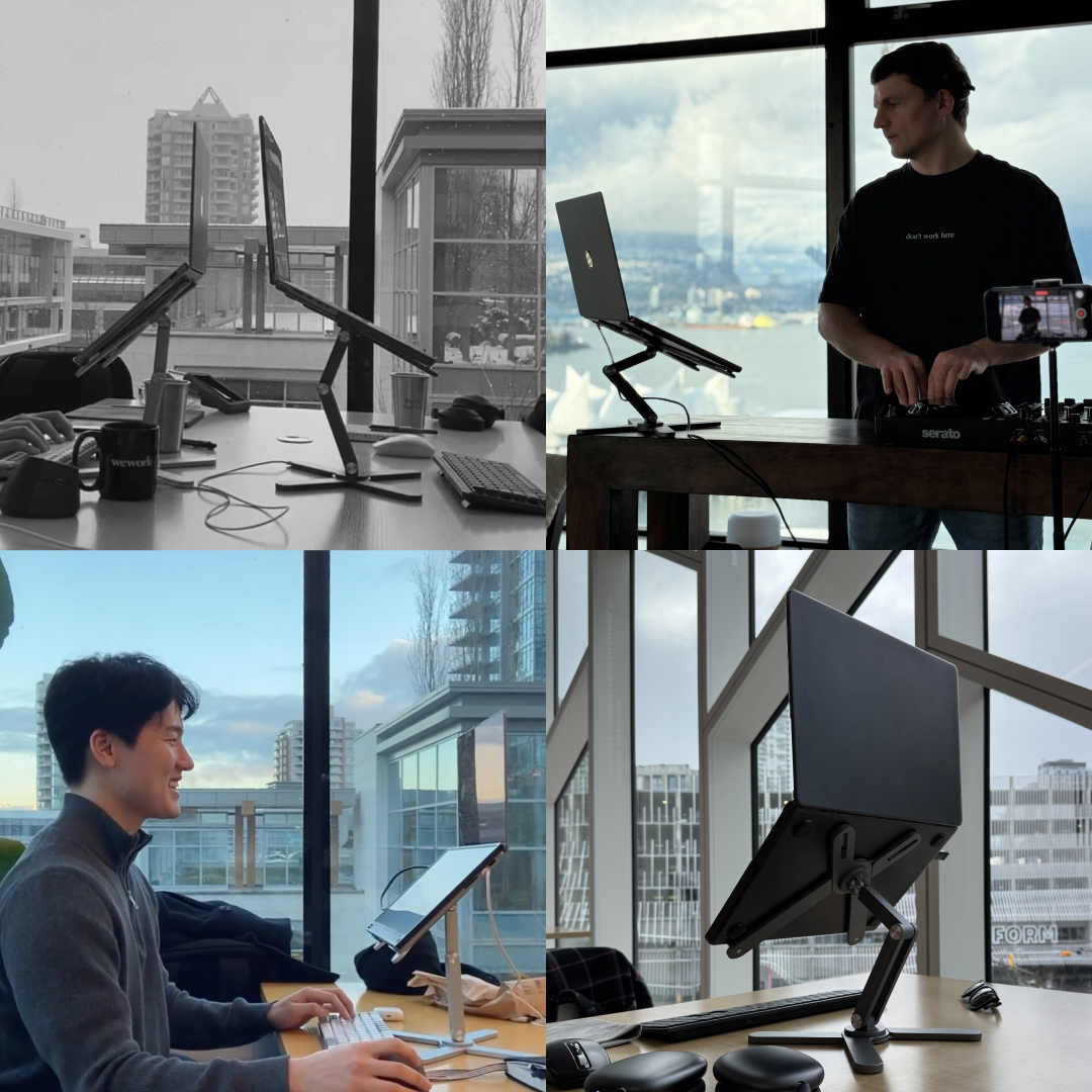 Laptop and two devices partially visible in a beige bag.
