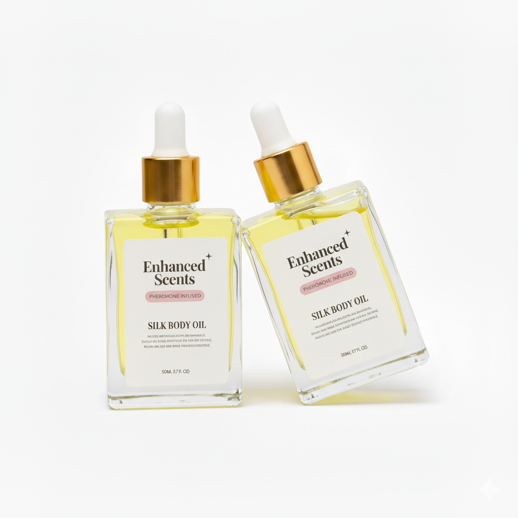 Two bottles of Enhanced Scents silk body oil with gold droppers.
