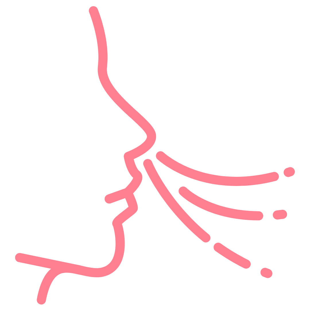 Simple pink line drawing of a face profile with lines indicating breath.